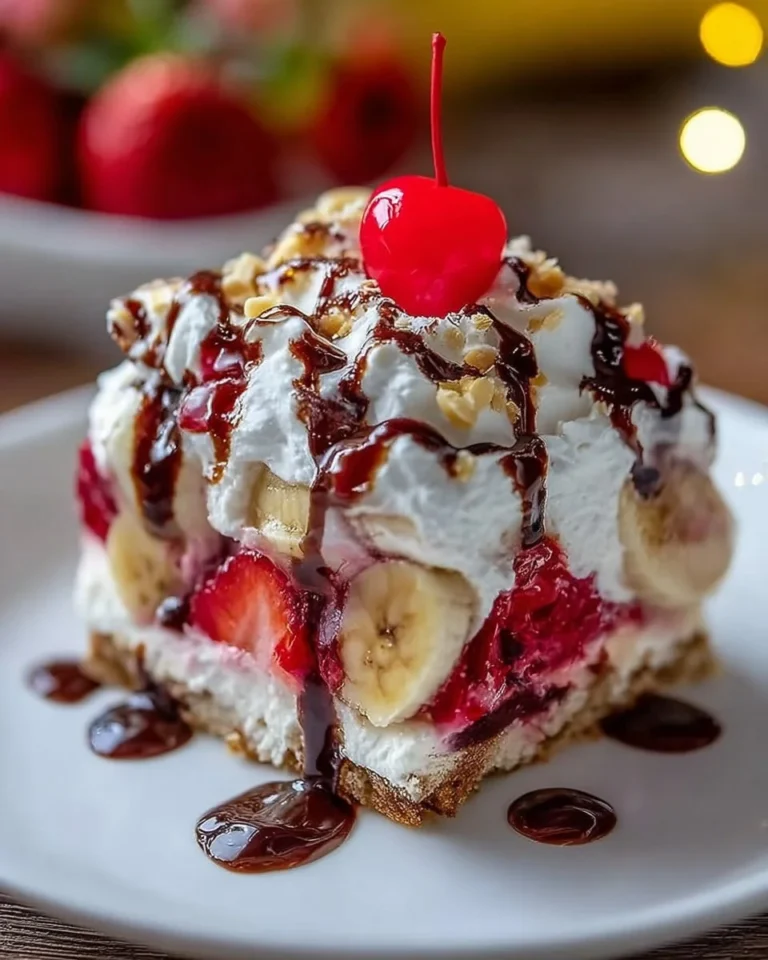 No-Bake Banana Split Cake layered with bananas, whipped cream, and chocolate.