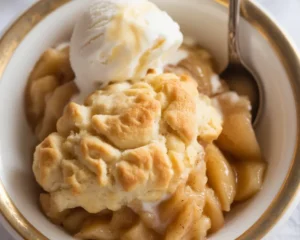 Delicious homemade apple cobbler topped with a biscuit-like crust.