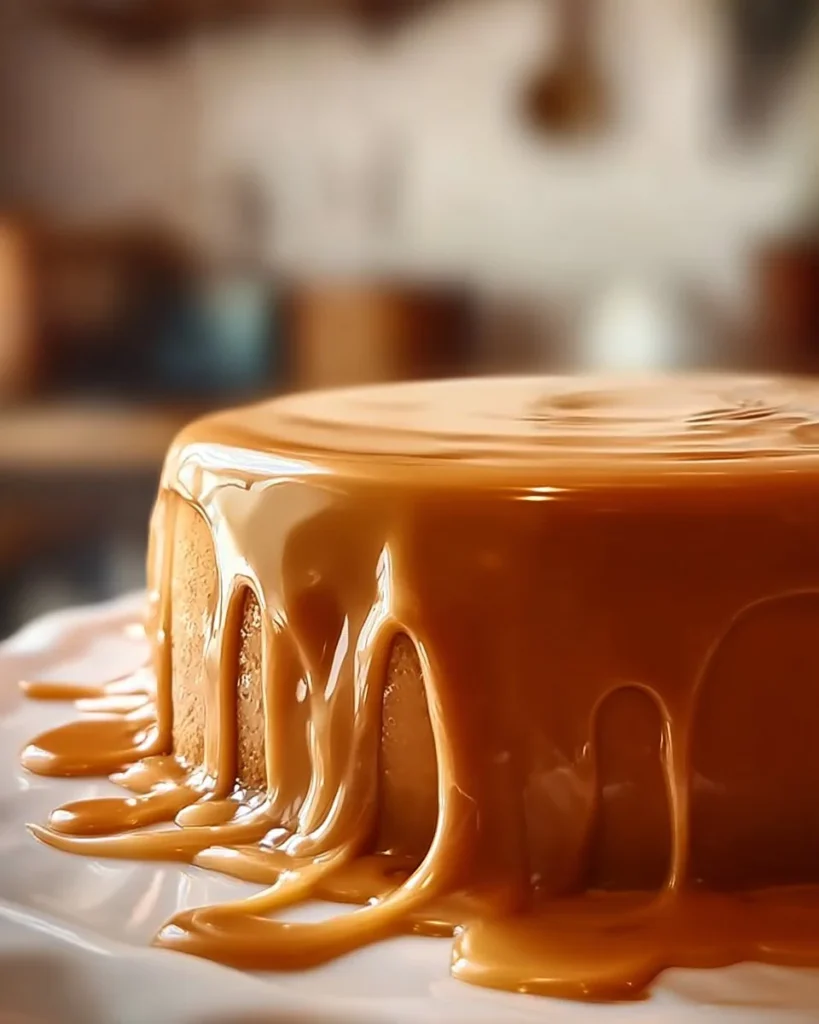 Old-Fashioned Caramel Icing drizzled on a moist cake