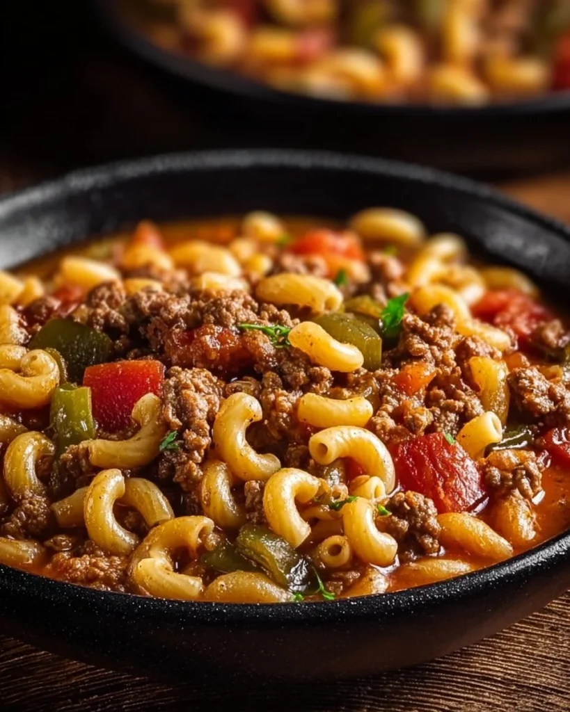 Delicious bowl of Old-Fashioned Goulash served with a sprinkle of herbs
