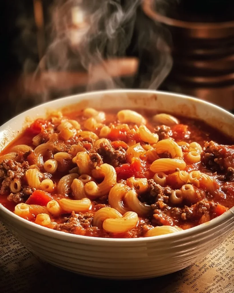 Bowl of Old Fashioned Goulash topped with parsley and served with bread
