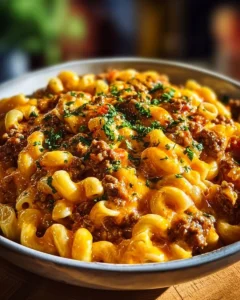 One Pot Cajun Beef and Cheddar Pasta in a skillet, showcasing rich flavors and ingredients.