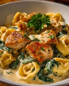 One Pot Creamy Parmesan Chicken Tortellini with fresh herbs and chicken