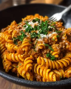 One pot creamy tomato beef pasta dish garnished with herbs.