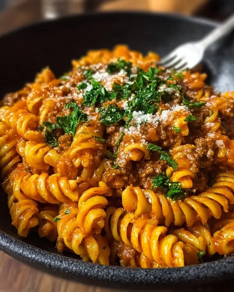 One pot creamy tomato beef pasta dish garnished with herbs.