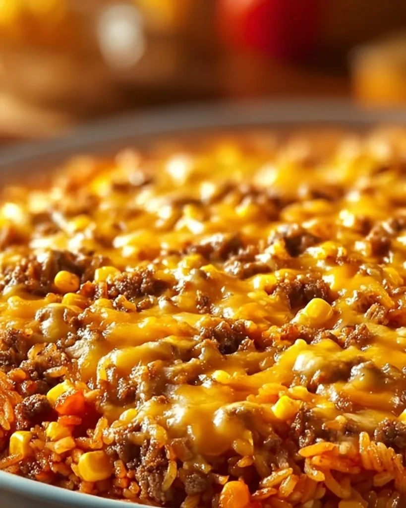 One Pot Mexican Rice Casserole with colorful vegetables and spices