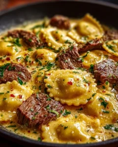 Delicious garlic butter steak served with cheese ravioli in a skillet