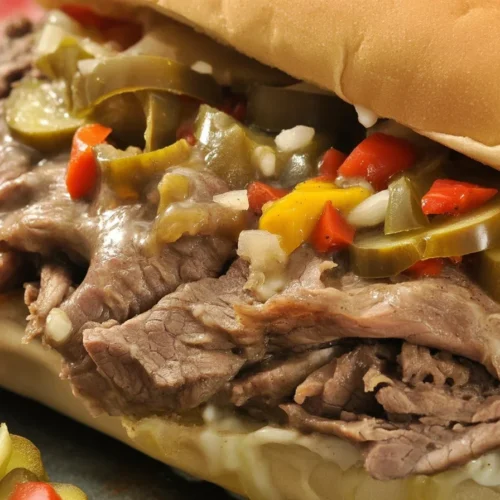 Slow cooker Italian beef recipe with tender beef, spices, and giardiniera on rolls.
