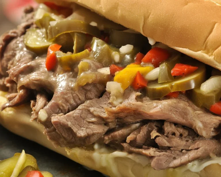 Slow cooker Italian beef recipe with tender beef, spices, and giardiniera on rolls.
