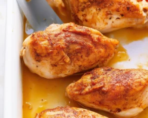 Juicy and tender baked chicken breast served with vegetables and herbs.