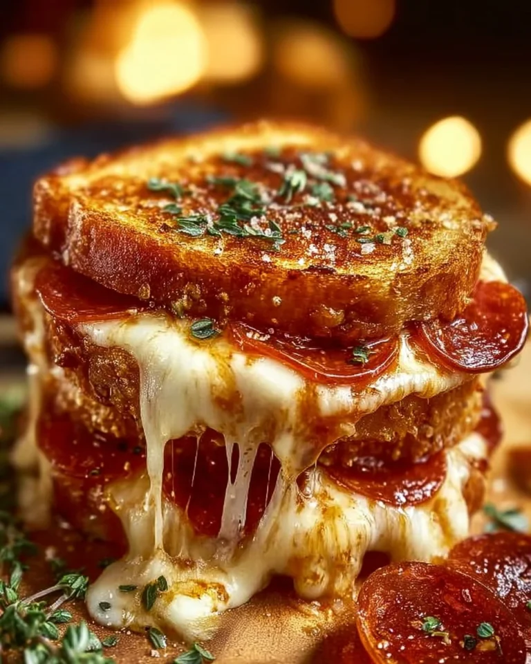 Delicious Pepperoni Pizza Grilled Cheese sandwich with gooey melted cheese