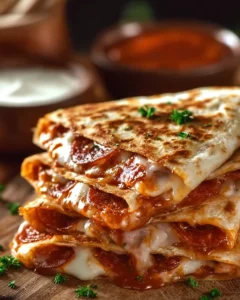 Delicious pepperoni pizza quesadillas garnished with herbs
