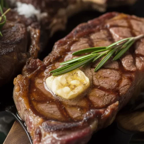 Juicy pan-seared steak topped with garlic butter, showcasing delicious steak recipes.