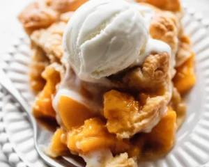 Delicious homemade peach pie with a flaky crust and juicy peach filling.
