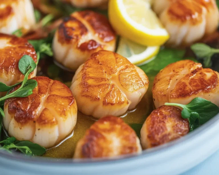 Deliciously seared scallops recipe with golden crust and garlic butter sauce.
