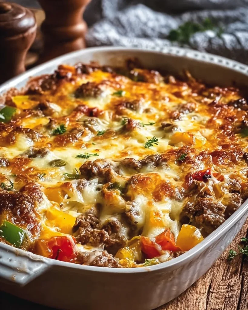 Delicious Philly Cheese Steak Casserole ready to be served