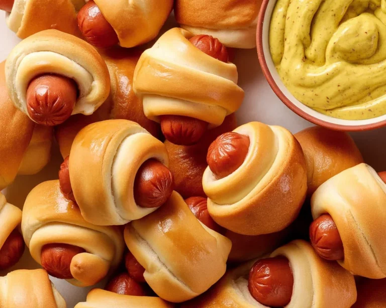 Homemade pigs in a blanket appetizer with mini sausages wrapped in flaky pastry.