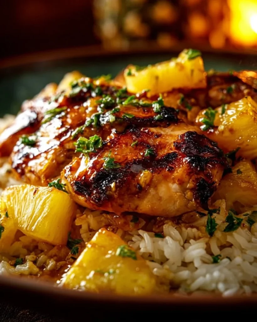 Plate of Pineapple Chicken served with rice and vegetables