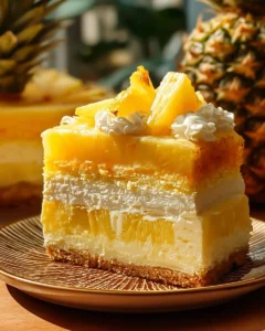 Delicious Pineapple Heaven Cheesecake topped with fresh pineapple slices