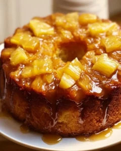 Slice of moist Pineapple Pound Cake on a plate with fresh pineapple slices