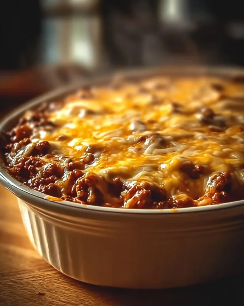 Delicious Poor Man Husband Casserole served in a baking dish with golden topping