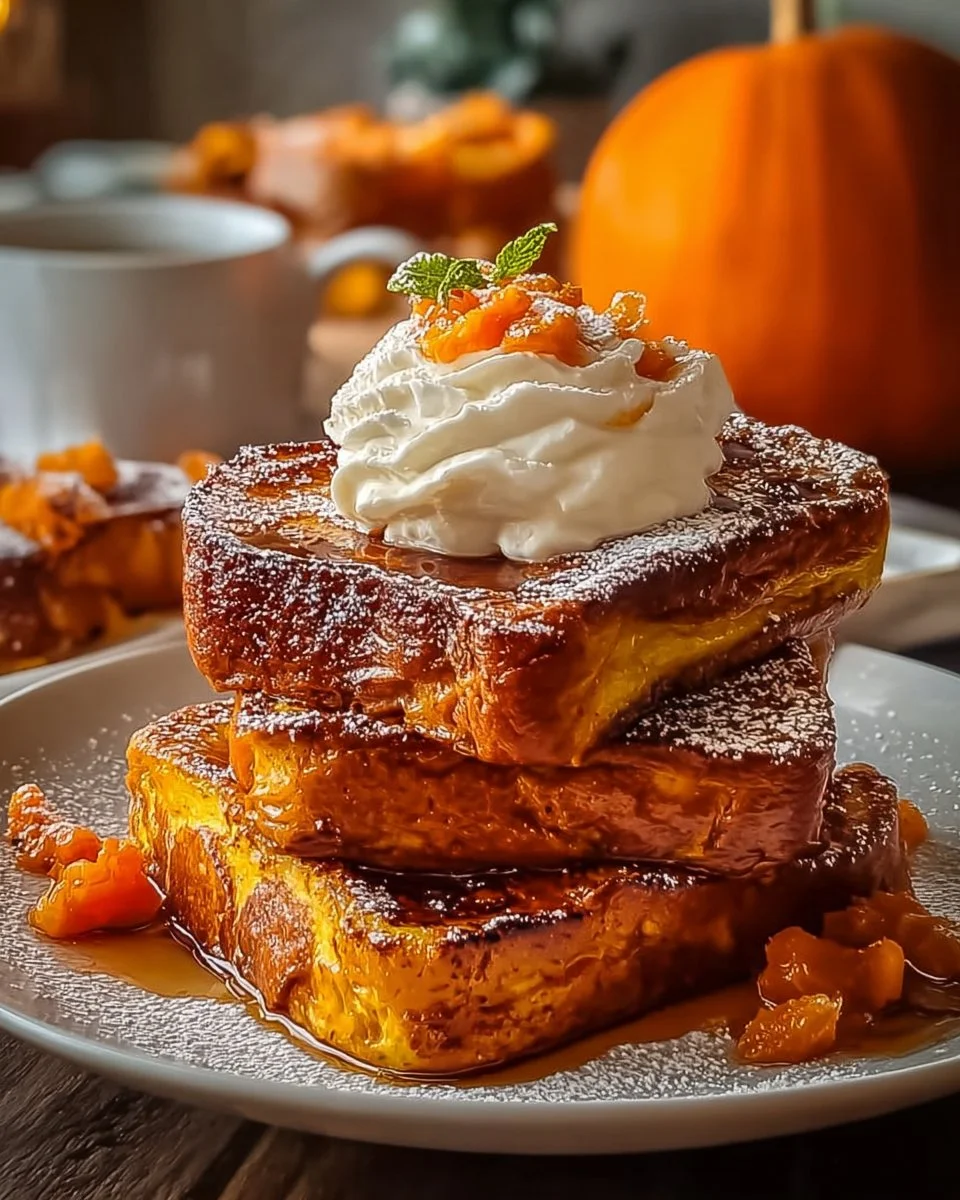 Delicious pumpkin pie French toast topped with syrup and whipped cream