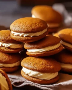 Delicious homemade Pumpkin Whoopie Pies on a rustic wooden table.