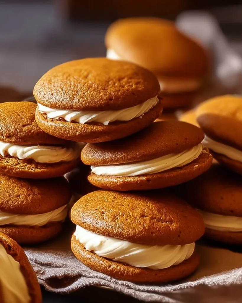 Delicious homemade Pumpkin Whoopie Pies on a rustic wooden table.