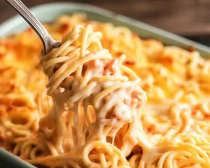 Creamy chicken spaghetti casserole with tender chicken and cheese sauce.
