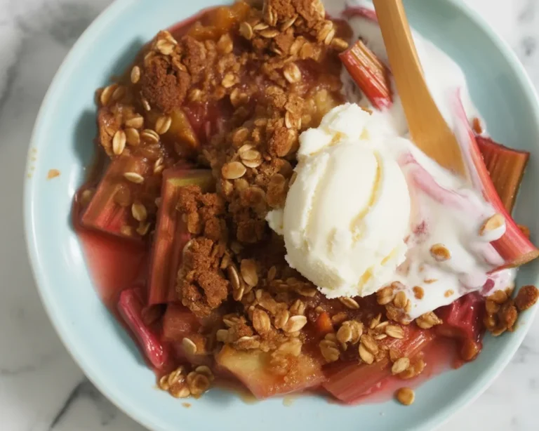Delicious rhubarb crisp topped with buttery oat crumble served with ice cream.
