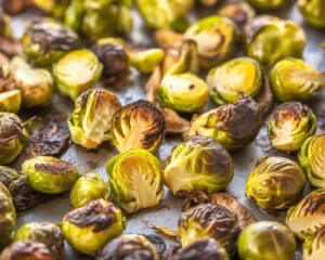 Golden brown roasted Brussels sprouts with garlic and olive oil on a baking sheet.