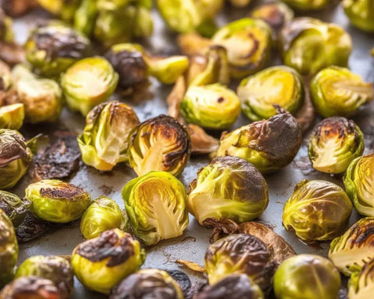 Golden brown roasted Brussels sprouts with garlic and olive oil on a baking sheet.
