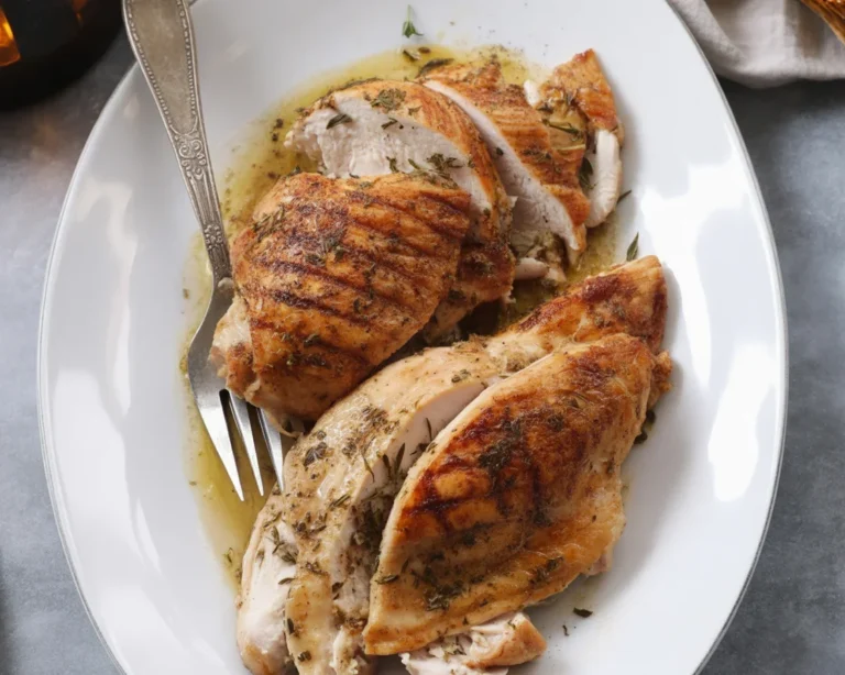 Juicy roasted turkey breast served with gravy on a festive dinner table.