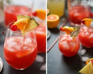 Refreshing rum punch cocktail with orange, pineapple, and lime juices.