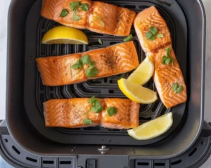 Delicious air fryer salmon fillets perfectly cooked and seasoned.