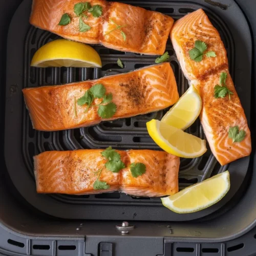Delicious air fryer salmon fillets perfectly cooked and seasoned.