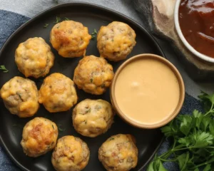 Delicious homemade sausage balls recipe made with sausage, Bisquick, and cheese.