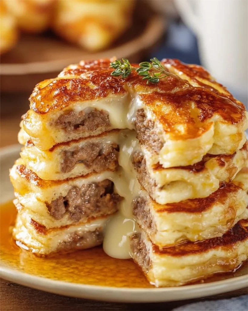 Sausage dipped pancakes served on a plate with syrup
