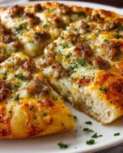 Sausage Gravy Biscuit Breakfast Pizza topped with cheese and sausage