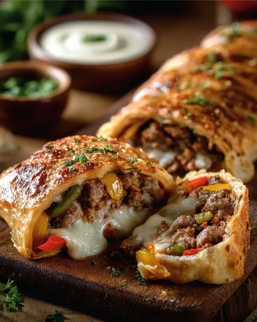 Sausage Stromboli filled with peppers and onions, freshly baked and served.