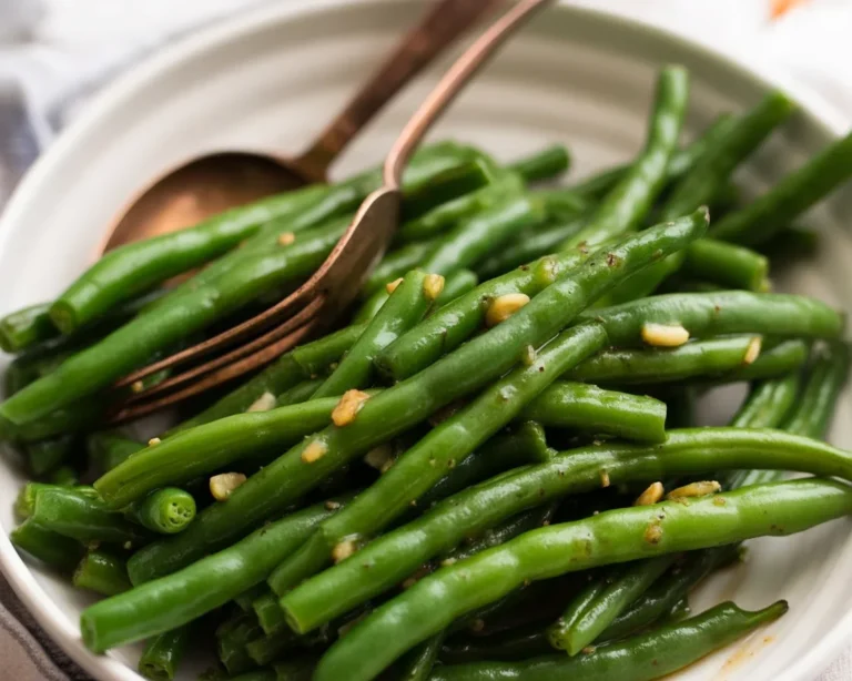 Sautéed green beans with garlic and olive oil, a delicious side dish recipe.