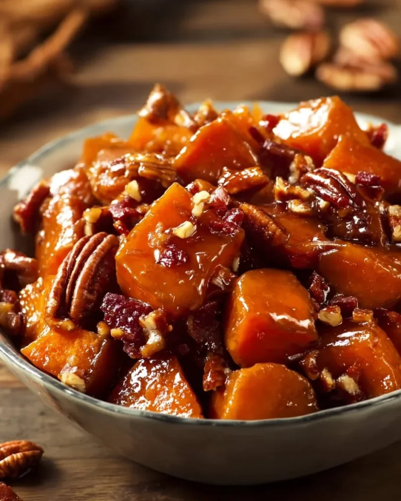 Savory candied yams with bacon and pecans served in a bowl