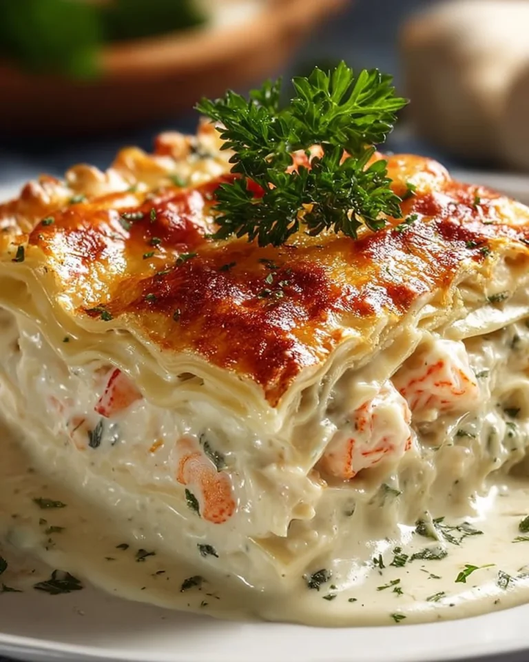 Delicious Seafood Lasagna with shrimp and crab, layered with creamy cheese