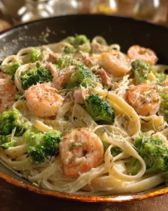 Shrimp and Broccoli Pasta dish with fresh ingredients