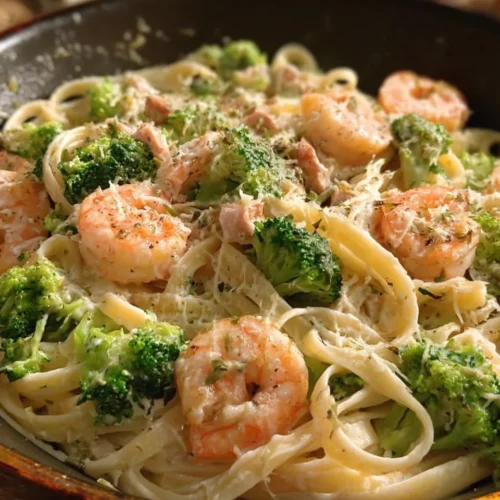 Shrimp and Broccoli Pasta dish with fresh ingredients