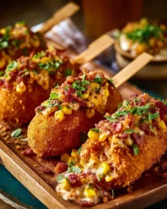 Shrimp and Crab Nacho Bomb Corn Dogs served with dipping sauces