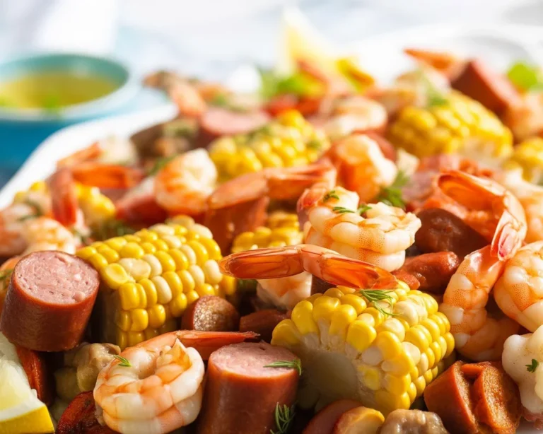 A classic shrimp boil featuring shrimp, corn, sausage, and potatoes in a flavorful broth.
