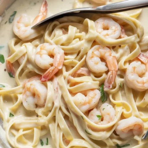 Creamy shrimp Alfredo pasta with fettuccine and tender shrimp in a rich sauce.