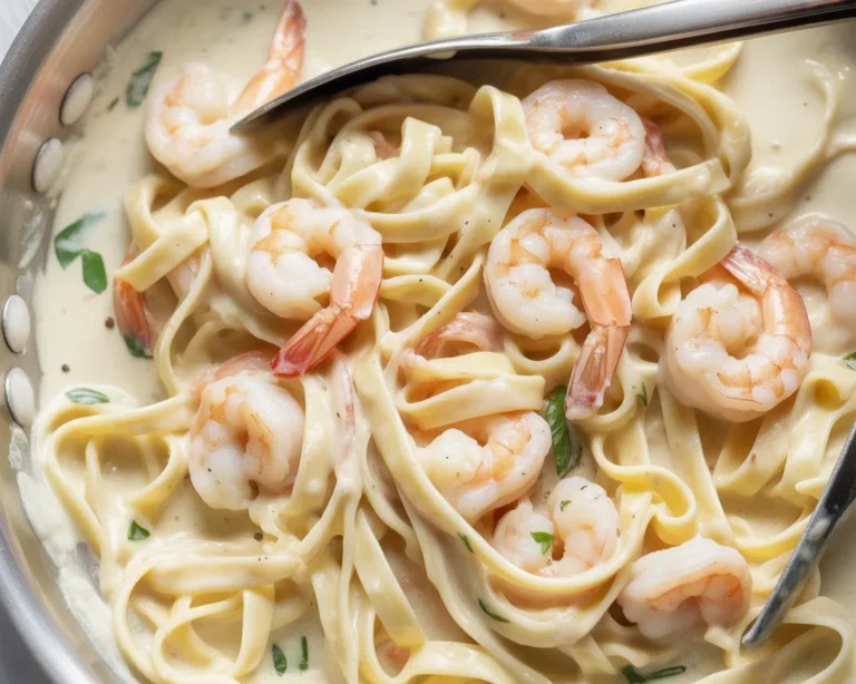 Creamy shrimp Alfredo pasta with fettuccine and tender shrimp in a rich sauce.