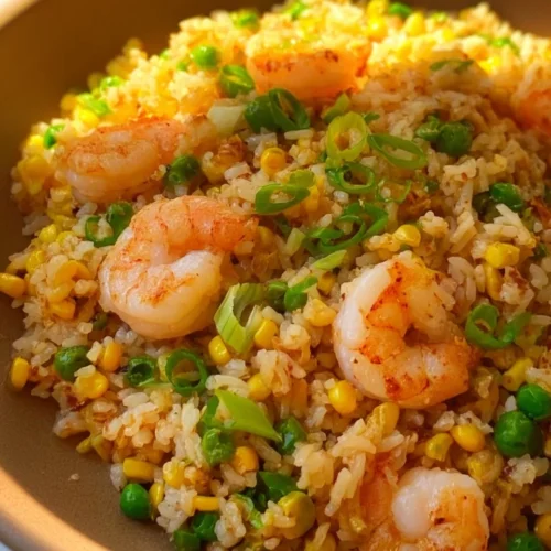 Plate of shrimp fried rice with colorful vegetables